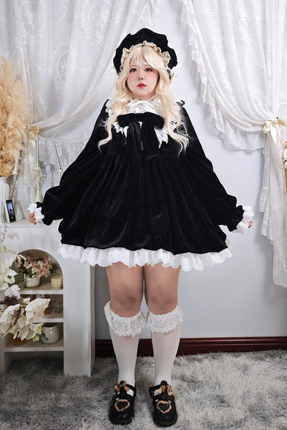 Black [Antique Velvet Doll] Stand Collar Long Sleeves Ruffled Bow Gothic Plus Size Lolita Dress