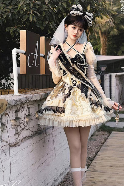 Black/Gold [Lilibet] Print Ruffle Cardigan Bowknot Lace Fishbone Sweet Lolita Dress