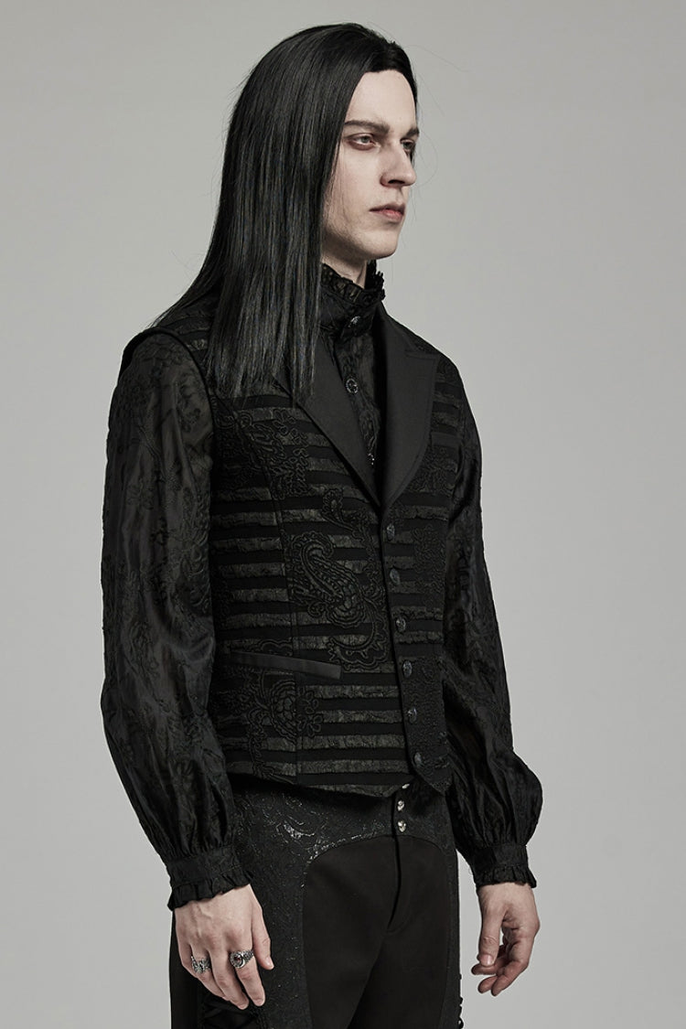 Black V Collar Jacquard Stripes Print Men's Gothic Vest