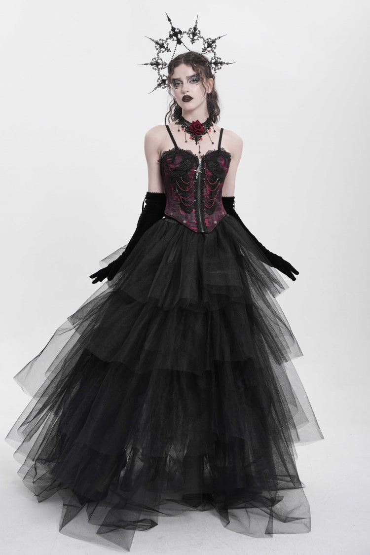 Red Sleeveless Embroidery Lace Chain Women's Gothic Vest