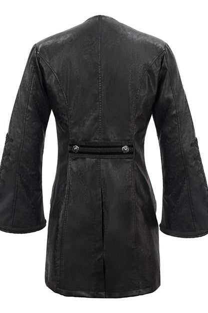 Black V Collar Wide Sleeves Swallowtail Fitted Leather Mens Gothic Coat