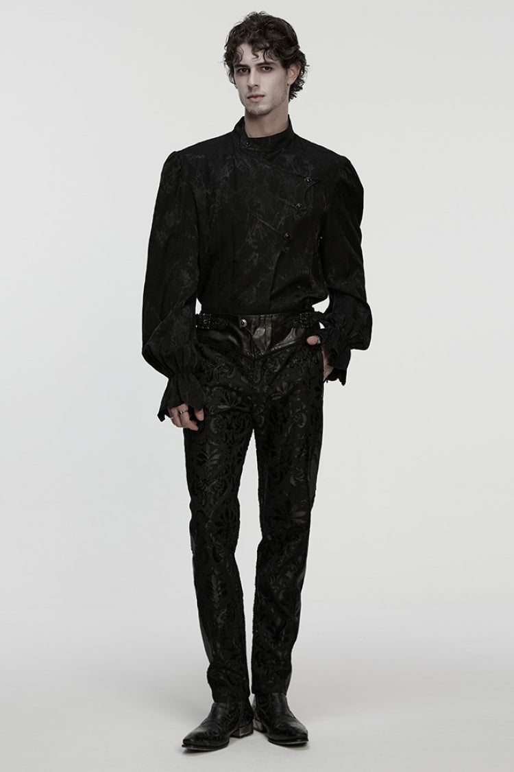 Black Stand Collar Long Puff Sleeves Print Asymmetric Men's Gothic Blouse