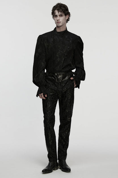 Black Stand Collar Long Puff Sleeves Print Asymmetric Men's Gothic Blouse