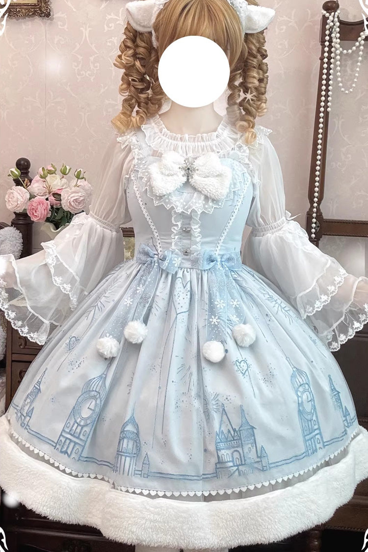 Blue [Snow Castle] Sleeveless Printed Embroidered Bow Lace Sweet Lolita Jsk Dress
