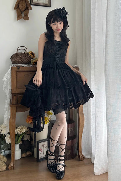 Black [Forest Waltz] Embroidery Bowknot Lace-Up Slim Sweet Elegant Lolita Suspender Top