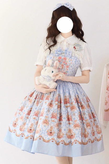 Blue [Rose Garden Rabbit] Print Ruffle Bowknot Sweet Lolita Dress