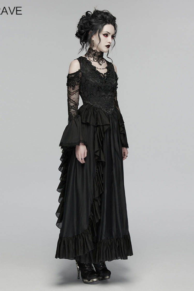 Black V Collar Long Trumpet Sleeves Double-Layered Hanayome Cut-Out Embroidered Lace Lace-Up Pearl-Decorated Pleated Women's Gothic Gorgeous Palace Dress