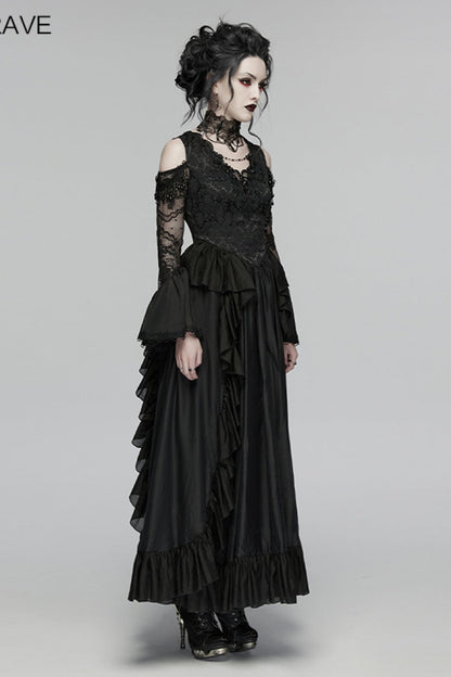 Black V Collar Long Trumpet Sleeves Double-Layered Hanayome Cut-Out Embroidered Lace Lace-Up Pearl-Decorated Pleated Women's Gothic Gorgeous Palace Dress