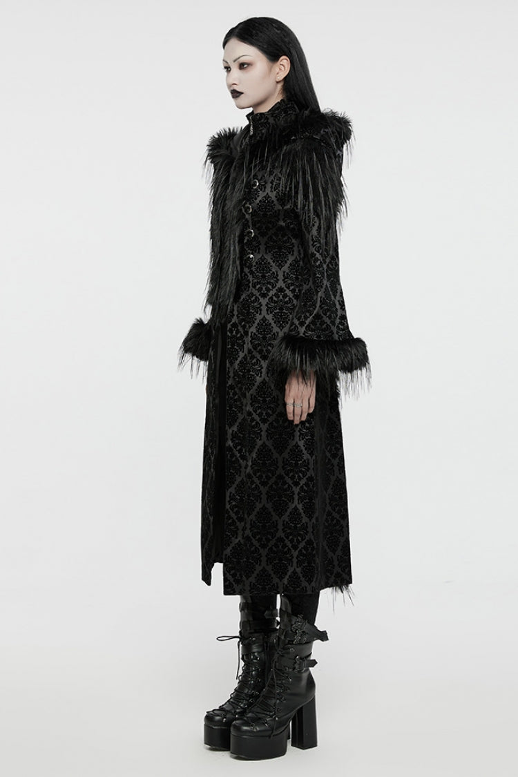Black Stand Collar Long Sleeves Jacquard Print Stitching Hooded Women's Gothic Coat