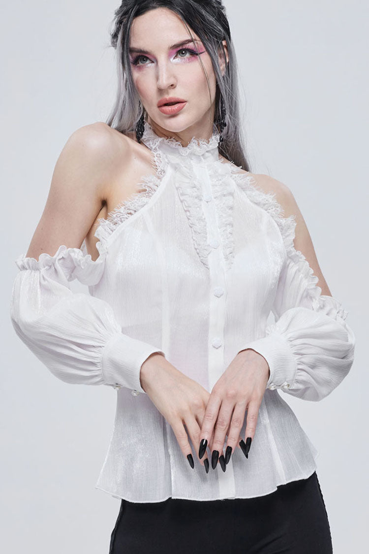 White Gothic Off-The-Shoulder Halter Lace Ruffled Lantern Sleeves Women's Shirt