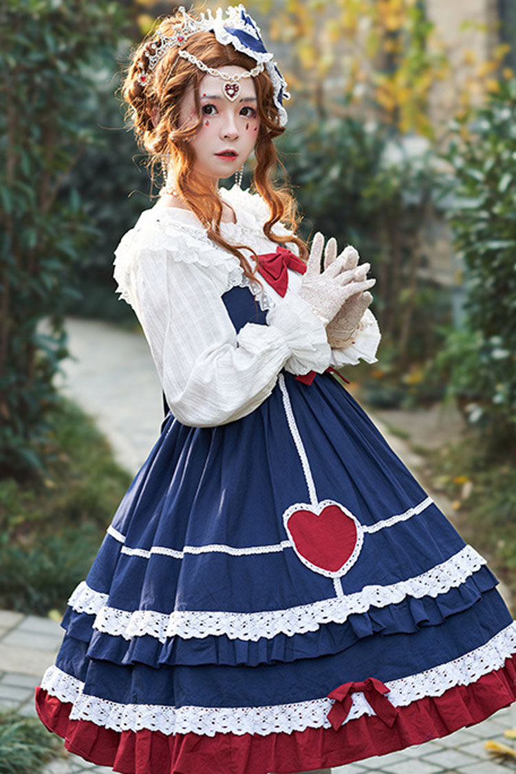 Blue Lace Stitching High Waisted Bowknot Ruffled Sweet Lolita Jsk Dress