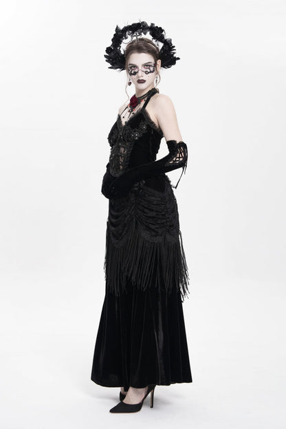 Black Sleeveless Hollow Floral Embroidery Lace-Up Pleated Women's Gothic Maxi Dress