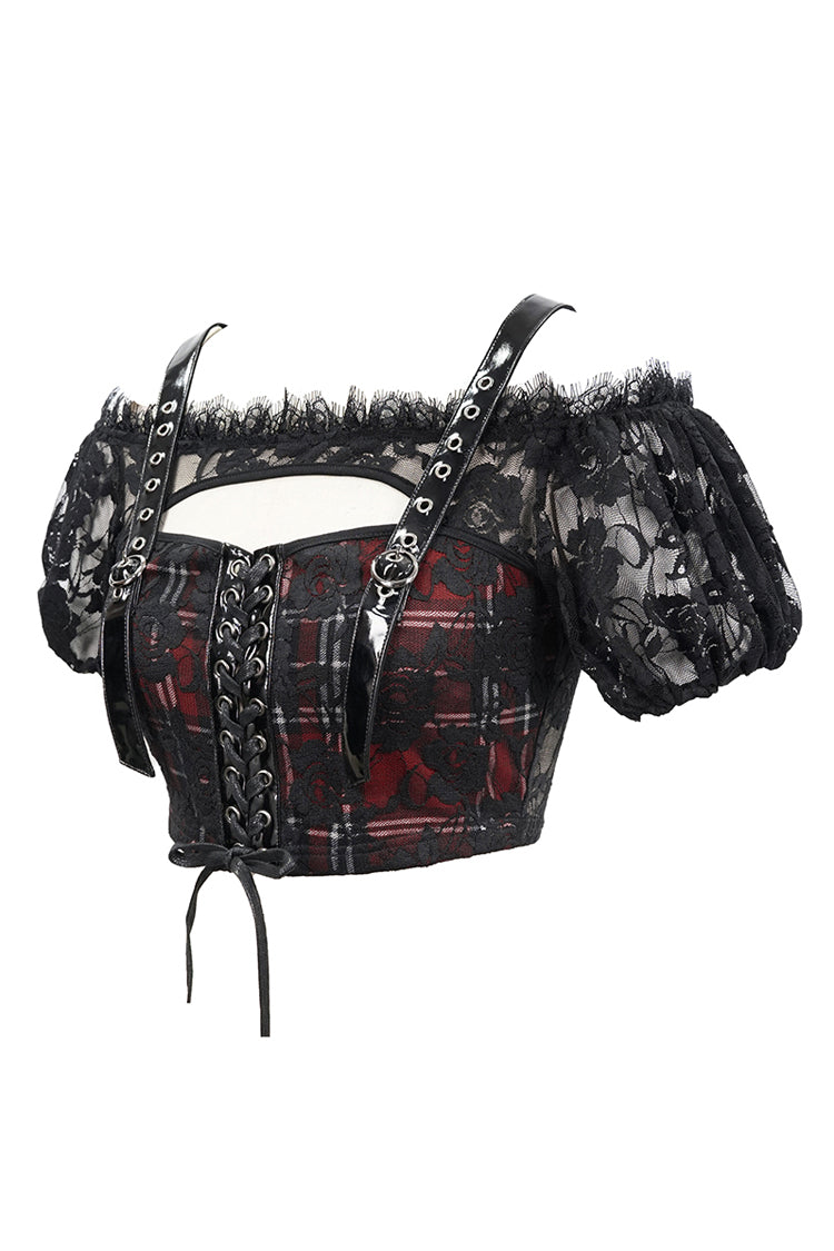 Black/Red Scottish Plaid Off Shoulder Bright Leather Straps Lace Up Lace Women's Punk T-Shirt