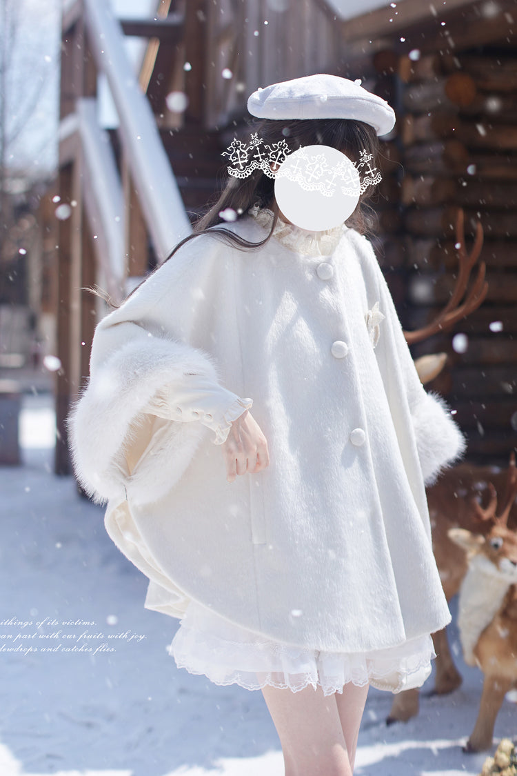 White Long Sleeves Lace Sweet Japanese Lolita Fluffy Cloak Coat