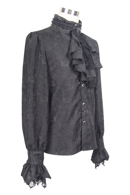 Black Shining Rose Print Lace Cuff Mens Gothic Blouse