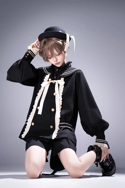 Black [City of Mist] Navy Collar Long Sleeves Gothic College Style Prince Ouji Lolita Shorts Coat Set