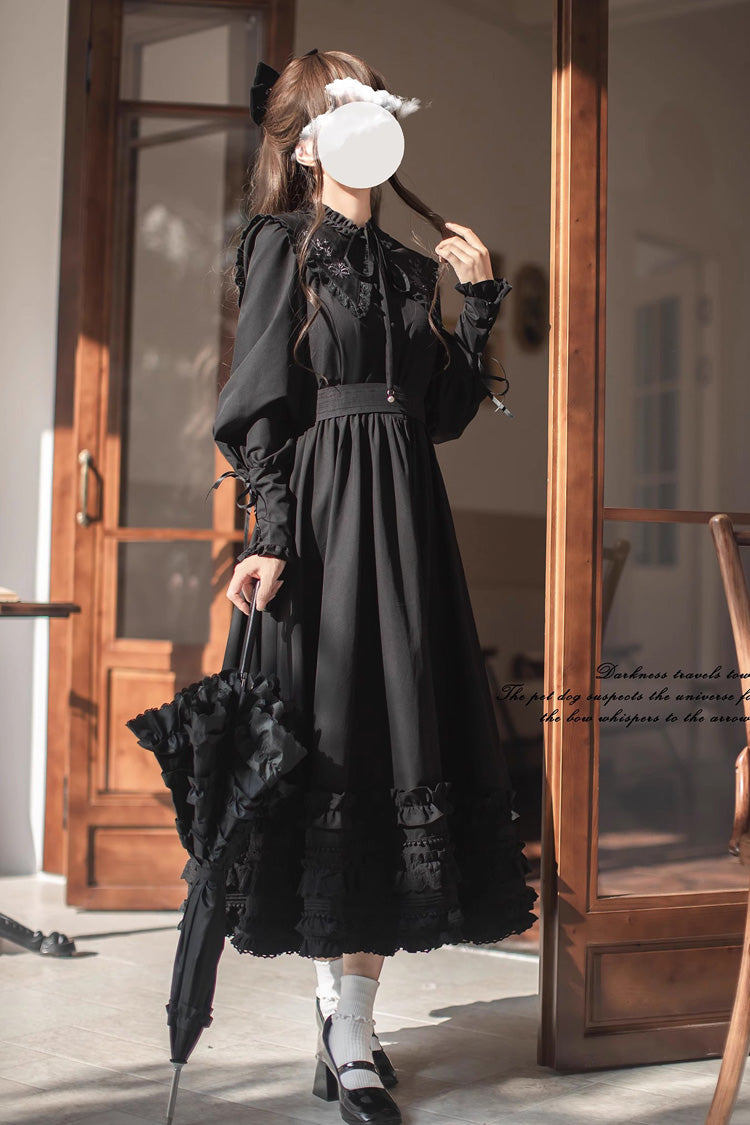 Black [Wind Kissed Tulips] Long Sleeves Ruffle Embroidery Bowknot Gothic Vintage Elegant Lolita Dress