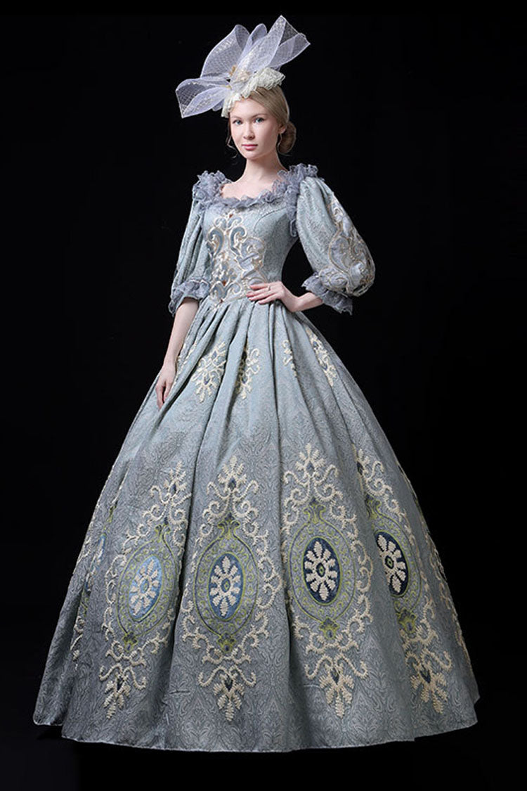Blue Boat Neck Half Sleeves High Waisted Hollow Embroidery Floral Print Victorian Lolita Prom Dress