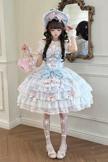 Blue [Moon-Tide Butterfly’s Call] Sleeveless Multi-Layered Ruffle Bowknot Lace Sweet Lolita Jsk Dress