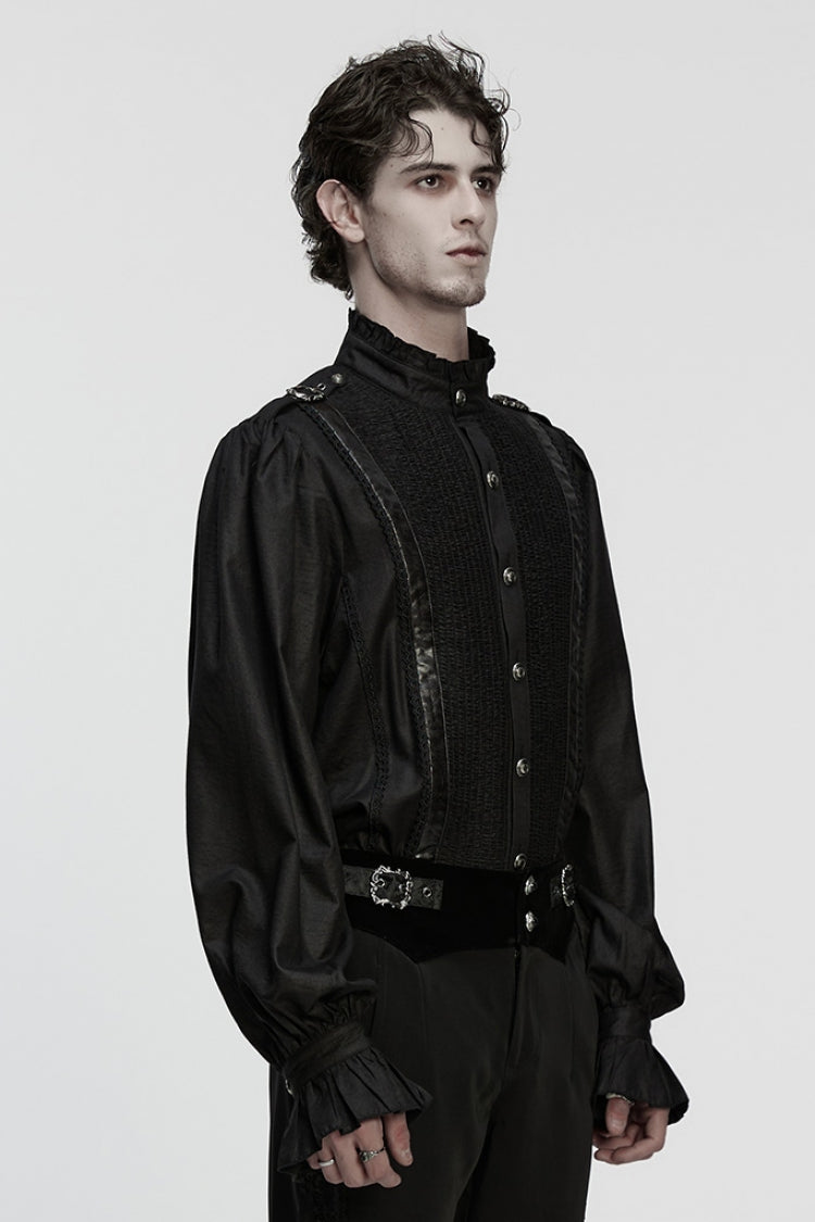 Black Stand Collar Long Puff Sleeves Ruffle Pleated Men's Gothic Blouse