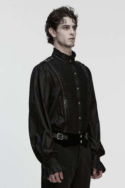 Black Stand Collar Long Puff Sleeves Ruffle Pleated Men's Gothic Blouse