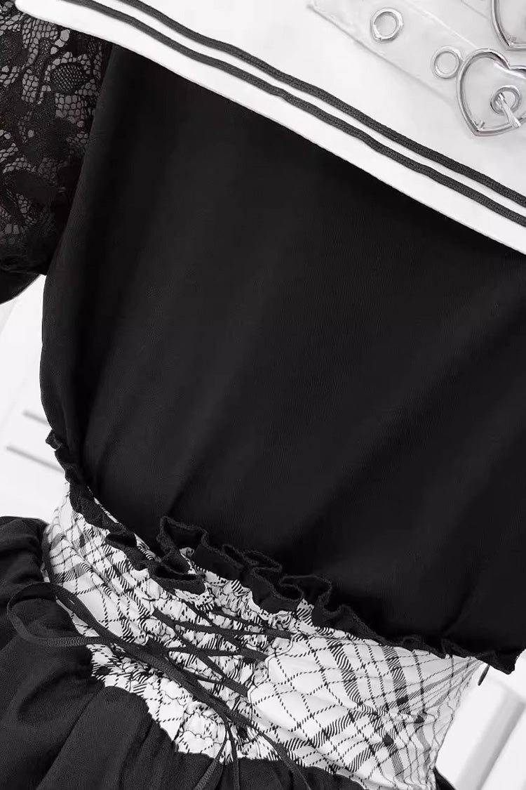 Black/White Navy Collar Short Sleeves Printed Ruffled Bow Jirai Kei Japanese Skirt and Blouse Set