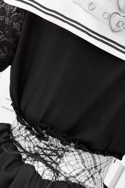 Black/White Navy Collar Short Sleeves Printed Ruffled Bow Jirai Kei Japanese Skirt and Blouse Set