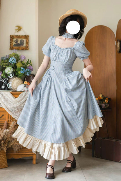 Light Blue [Chantilly Forest] Square Collar Short Sleeves Striped Printed Ruffled Classic Vintage Elegant Lolita Dress