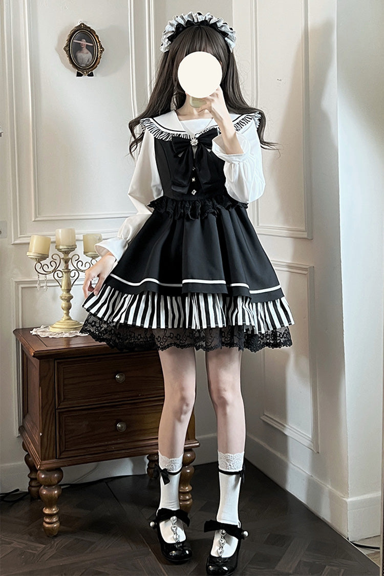 Black [Twilight Song] Stripe Print Bowknot Lace Jirai Kei Jumper Dress