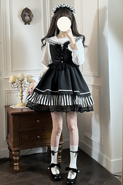 Black [Twilight Song] Stripe Print Bowknot Lace Jirai Kei Jumper Dress