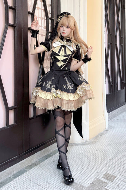 Black [Gilded Oath] Short Sleeves Double-Layered Ruffle Embroidery Bowknot Gothic Lolita Dress