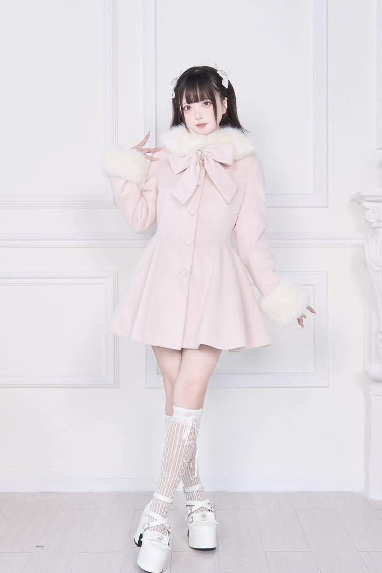 Pink Plush Collar Long Sleeves Bowknot Japanese Sweet Lolita Coat