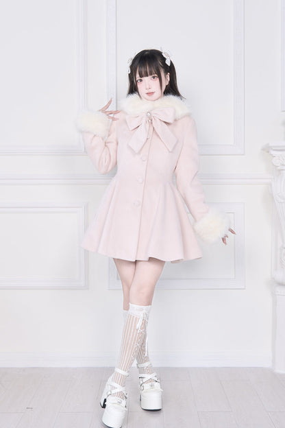 Pink Plush Collar Long Sleeves Bowknot Japanese Sweet Lolita Coat