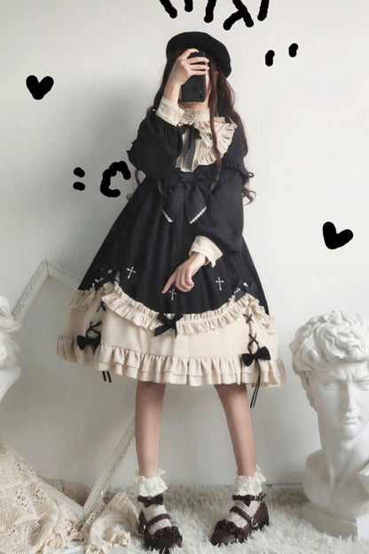 Black Round Collar Chest Bow Cross Print Ruffled Sweet Lolita Op Dress