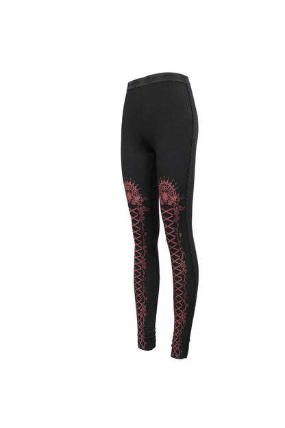 Black/Red Printed Decoration Tie Rope Elasticity Women's Gothic Leggings