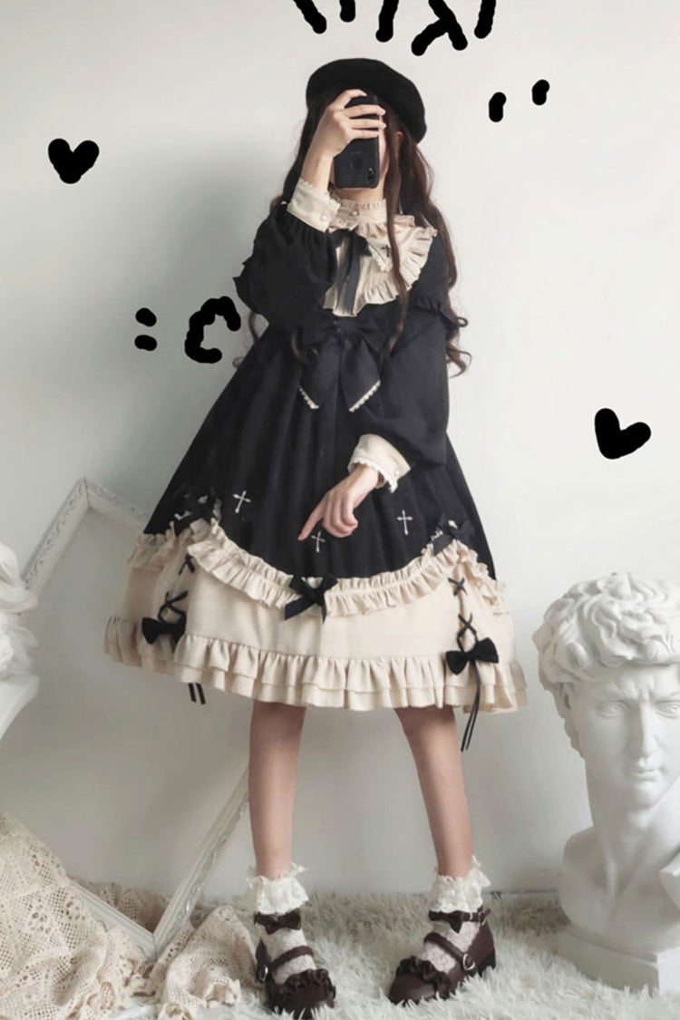 Black Round Collar Chest Bow Cross Print Ruffled Sweet Lolita Op Dress (Plus Size Version)