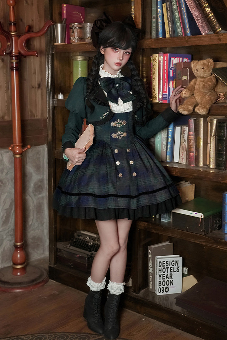 Blue/Green [Berlin's letter] Double-Layered Plaid Print Ruffle Bowknot Classic College Style Lolita Strap Dress Set 2 Versions
