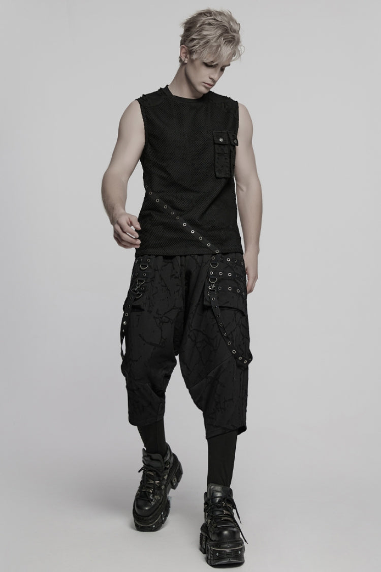 Black Tie-dyed Sagging Men's Punk Pants with Staps