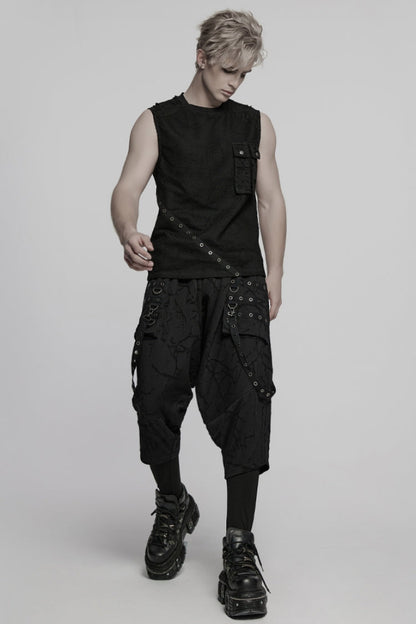 Black Tie-dyed Sagging Men's Punk Pants with Staps