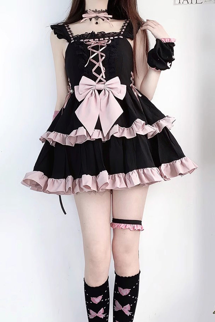 Black/Pink Double Layer Ruffle Bowknot Lace-Up Sweet Princess Lolita Jsk Dress