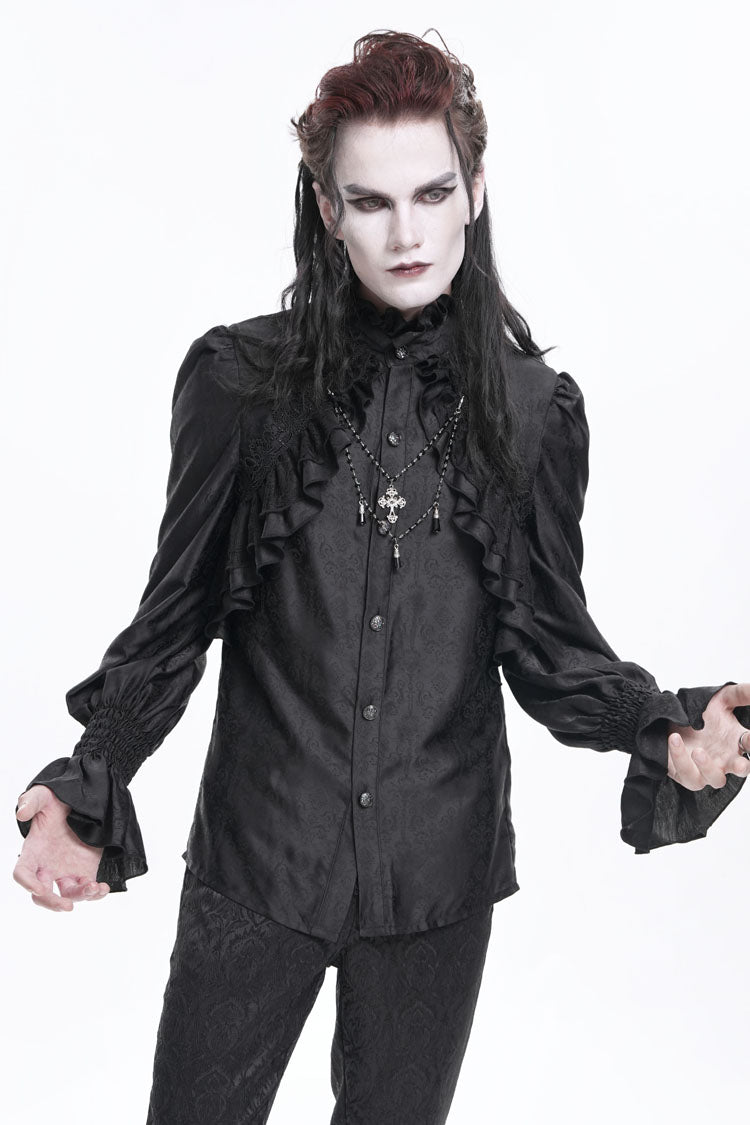 Black Stand Collar Long Sleeves Ruffle Lace Cross Men's Gothic Blouse