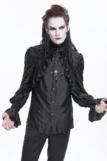 Black Stand Collar Long Sleeves Ruffle Lace Cross Men's Gothic Blouse