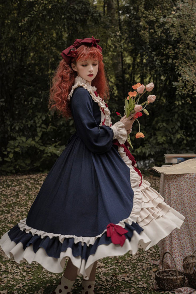 Blue Round Collar Bowknot Long Sleeves Multi-Layer Ruffled Sweet Lolita OP Dress (Plus Size Version)