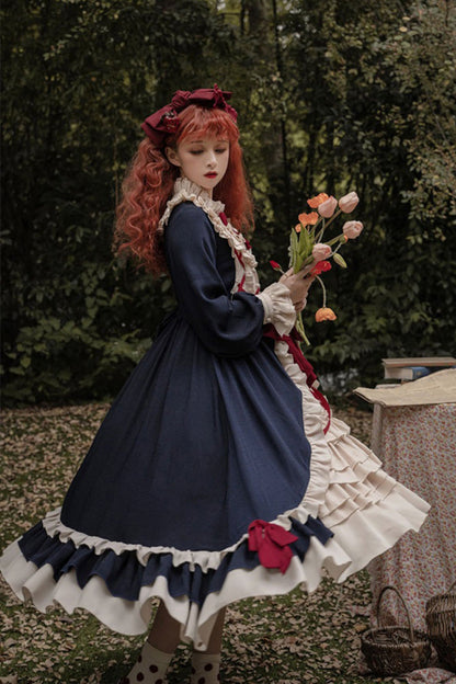 Blue Round Collar Bowknot Long Sleeves Multi-Layer Ruffled Sweet Lolita OP Dress