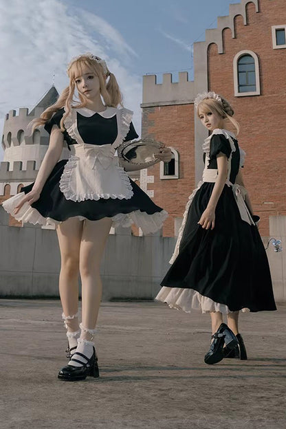 Black/White Round Collar Short Sleeves Ruffled Bow Sweet Elegant Lolita Maid Dress 2 Versions