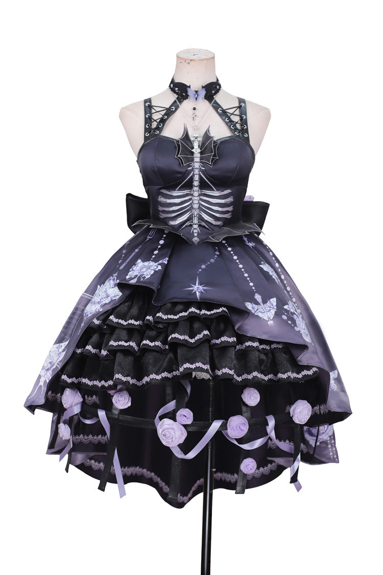 Black [Feast of Bones] Halterneck Multi-Layered Print Ruffle Lace Gothic Elegant Lolita Jsk Dress