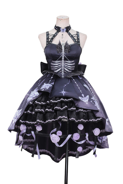 Black [Feast of Bones] Halterneck Multi-Layered Print Ruffle Lace Gothic Elegant Lolita Jsk Dress