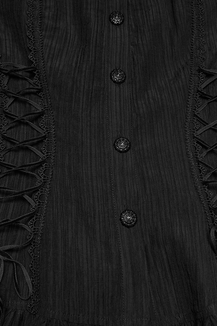 Black Stand Collar Short Puff Sleeves Ruffled Lace-Up Women's Gothic Blouse