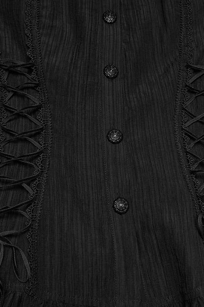 Black Stand Collar Short Puff Sleeves Ruffled Lace-Up Women's Gothic Blouse
