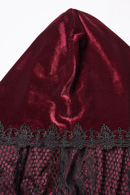 Red Floral Embroidery Diamante Velvet Hooded Women's Gothic Cloak